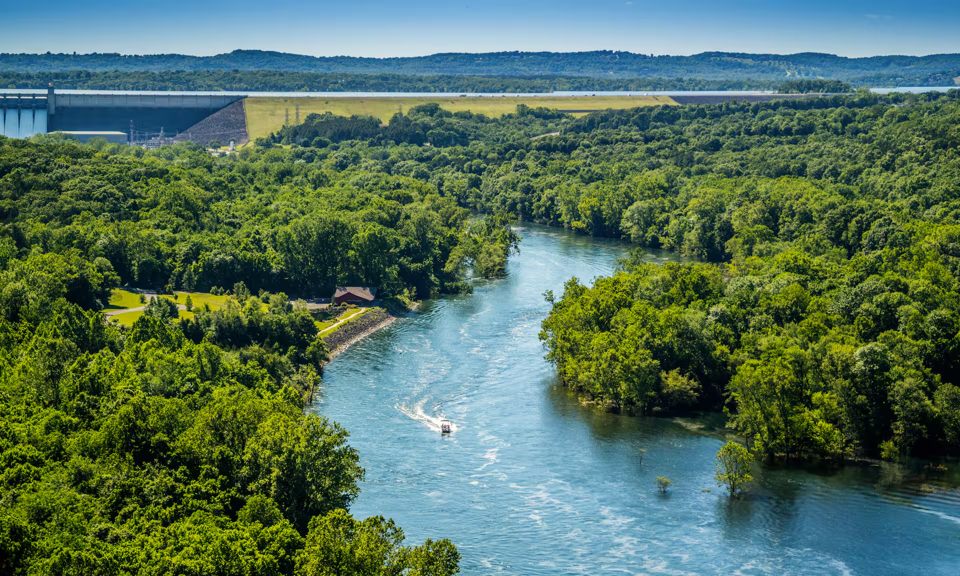 Aerial view of Lake of the Ozarks shoreline in central Missouri
