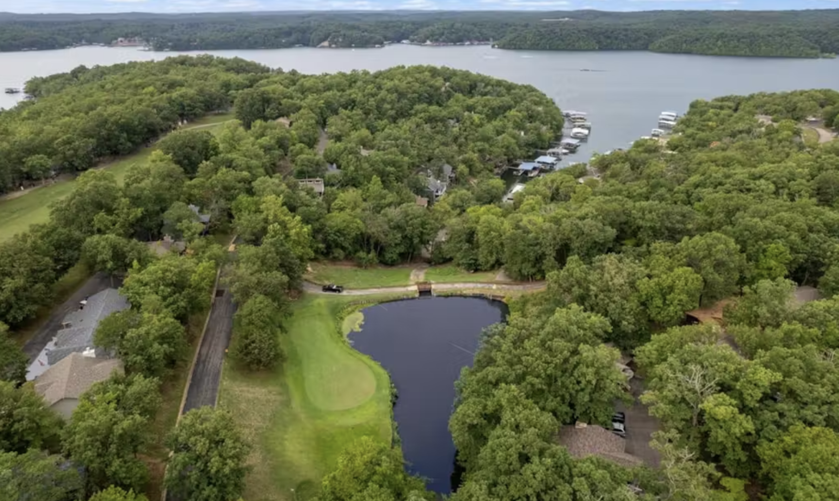 Aerial view of Lake of the Ozarks winding through forested hills, Missouri